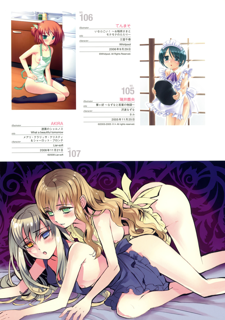 akira_(kaned_fools) charlotte_bronte heterochromia mary_clarissa_christie mizui_kaou naked_apron nipple_slip nipples shikkoku_no_sharnoth tenmaso yuri