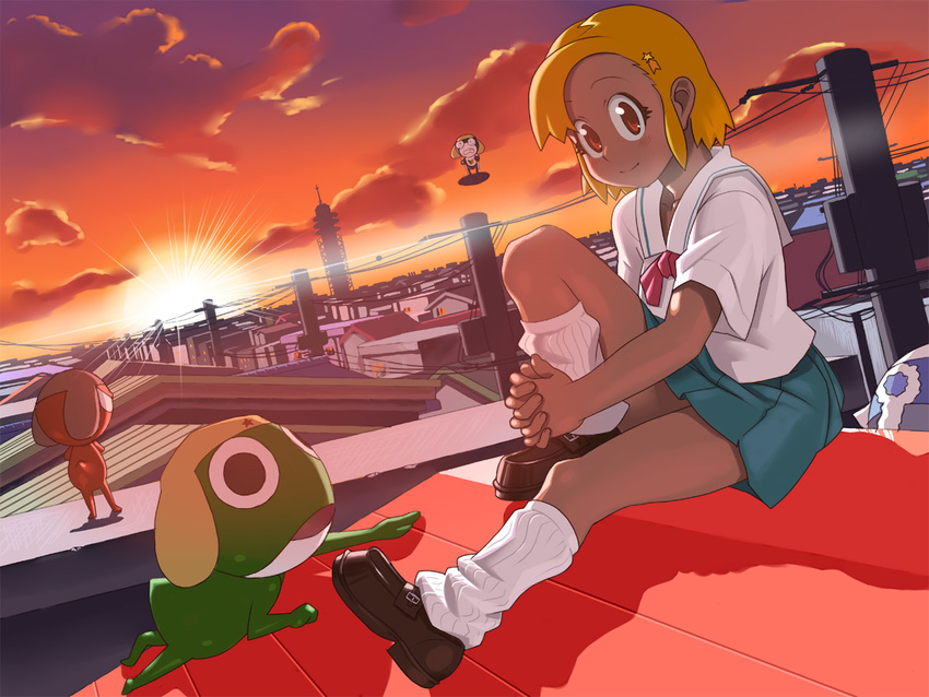 angol_mois blonde_hair brown_eyes cityscape cloud crying dark_skin dororo_(keroro_gunsou) dutch_angle giroro gyaru hair_ornament hairclip hat keroro keroro_gunsou kogal leg_hug loafers looking_at_viewer loose_socks lunch_(lunch3) lying on_stomach pleated_skirt power_lines rooftop school_uniform serafuku shoes sitting skirt sky smile socks star streaming_tears sunset tamama tears telephone_pole tower