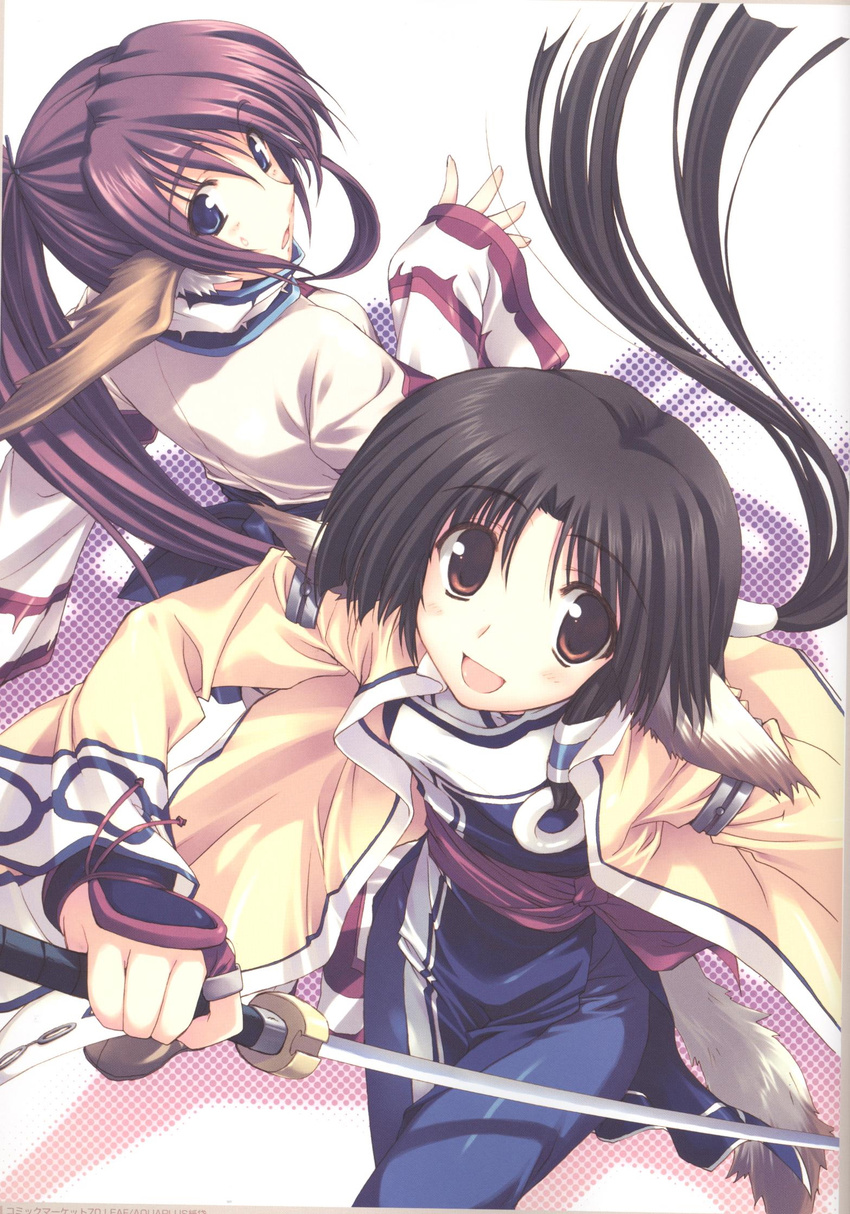:d :o age_difference ainu_clothes amazuyu_tatsuki animal_ears arm_guards black_hair blue_eyes blush bow breasts brown_eyes cosplay costume_switch dog_ears dog_tail eruruw floating_hair gradient hair_ornament hair_tubes halftone happy head_wings high_ponytail highres holding holding_weapon long_hair long_sleeves looking_at_viewer looking_back low_ponytail multiple_girls official_art open_clothes open_mouth ponytail purple_hair sash scan sidelocks sleeves_past_wrists small_breasts smile sweatdrop sword tabard tail touka_(utawareru_mono) turtleneck utawareru_mono weapon