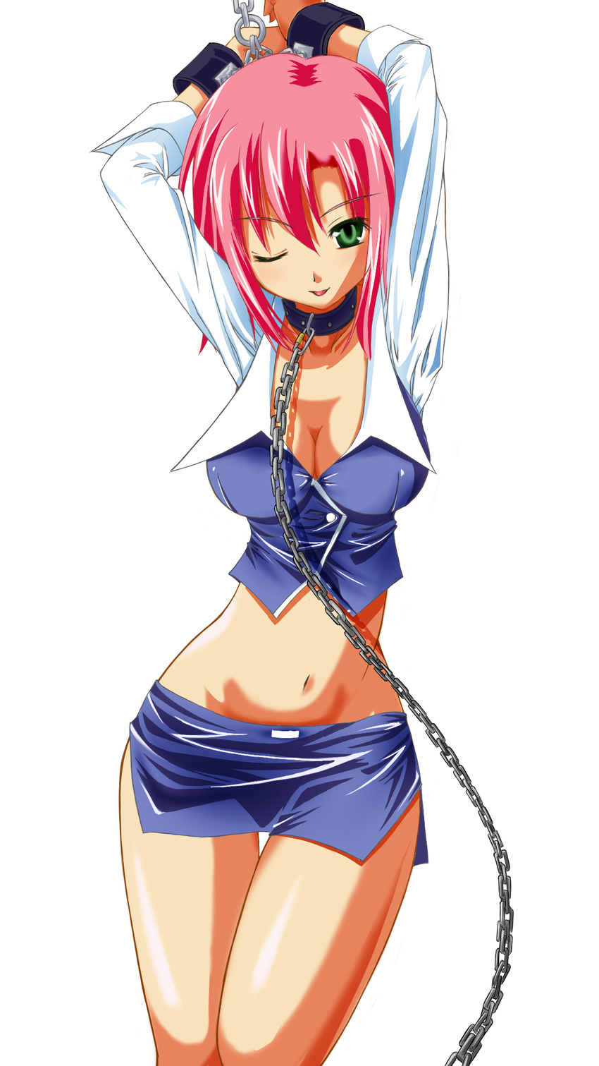 bad_id bad_pixiv_id bdsm bondage bound breasts chain cleavage collar croupier cuffs highres hips large_breasts midriff miniskirt naughty_face navel one_eye_closed pencil_skirt pink_hair rio_rollins simple_background skirt solo stargate super_blackjack thighs wide_hips