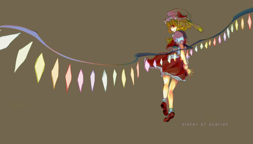 ascot beige_background blonde_hair crystal demon_wings dress flandre_scarlet frills full_body hat hat_ribbon large_wings mob_cap one_side_up puffy_short_sleeves puffy_sleeves rainbow_order red_dress red_eyes ribbon shoes short_hair short_sleeves simple_background smile socks solo standing text_focus touhou wings yukizen