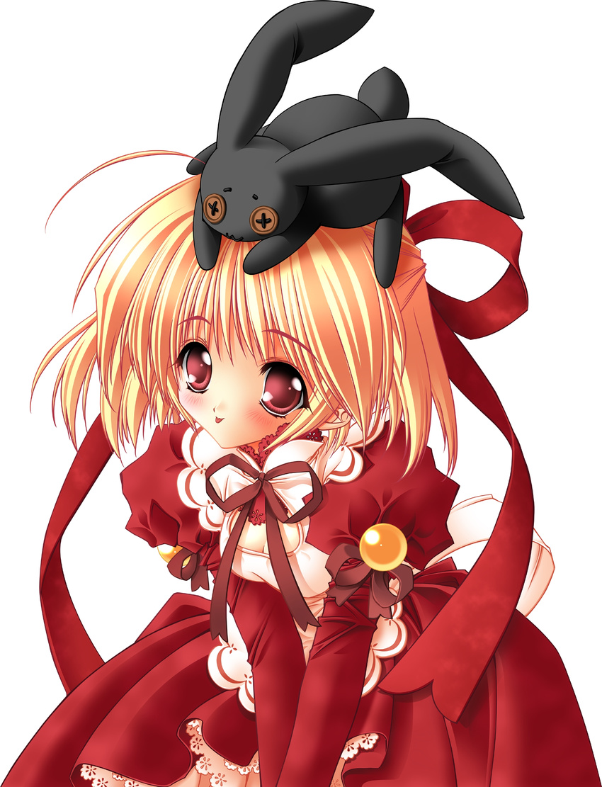 :p absurdres amamiya_poran blonde_hair blush bow bunny doll dress hair_ribbon highres moldavite red_eyes ribbon solo stella_arista tongue tongue_out