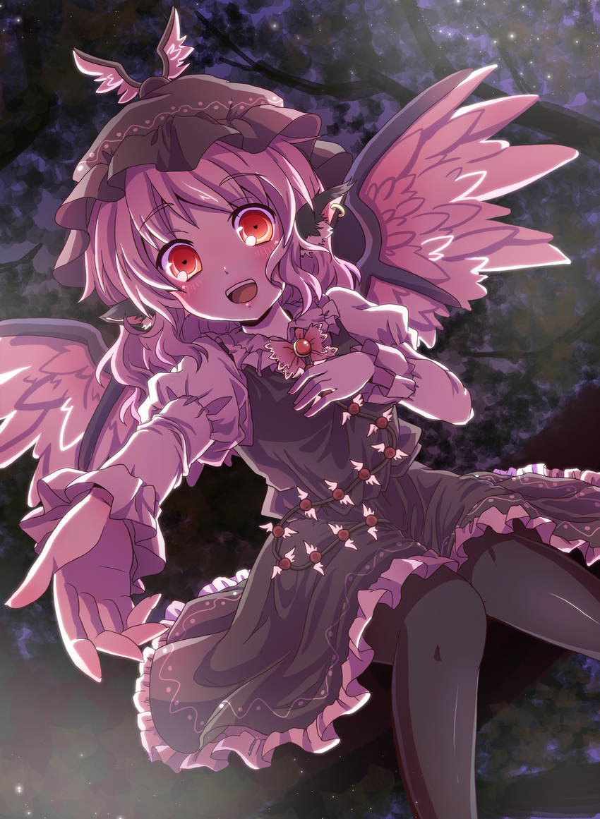 absurdres animal_ears bad_id bad_pixiv_id black_legwear earrings hand_on_own_chest hat heart heart-shaped_pupils highres jewelry kuromame_(8gou) mystia_lorelei open_mouth outstretched_arm outstretched_hand pantyhose reaching red_eyes short_hair solo symbol-shaped_pupils thighhighs touhou wings