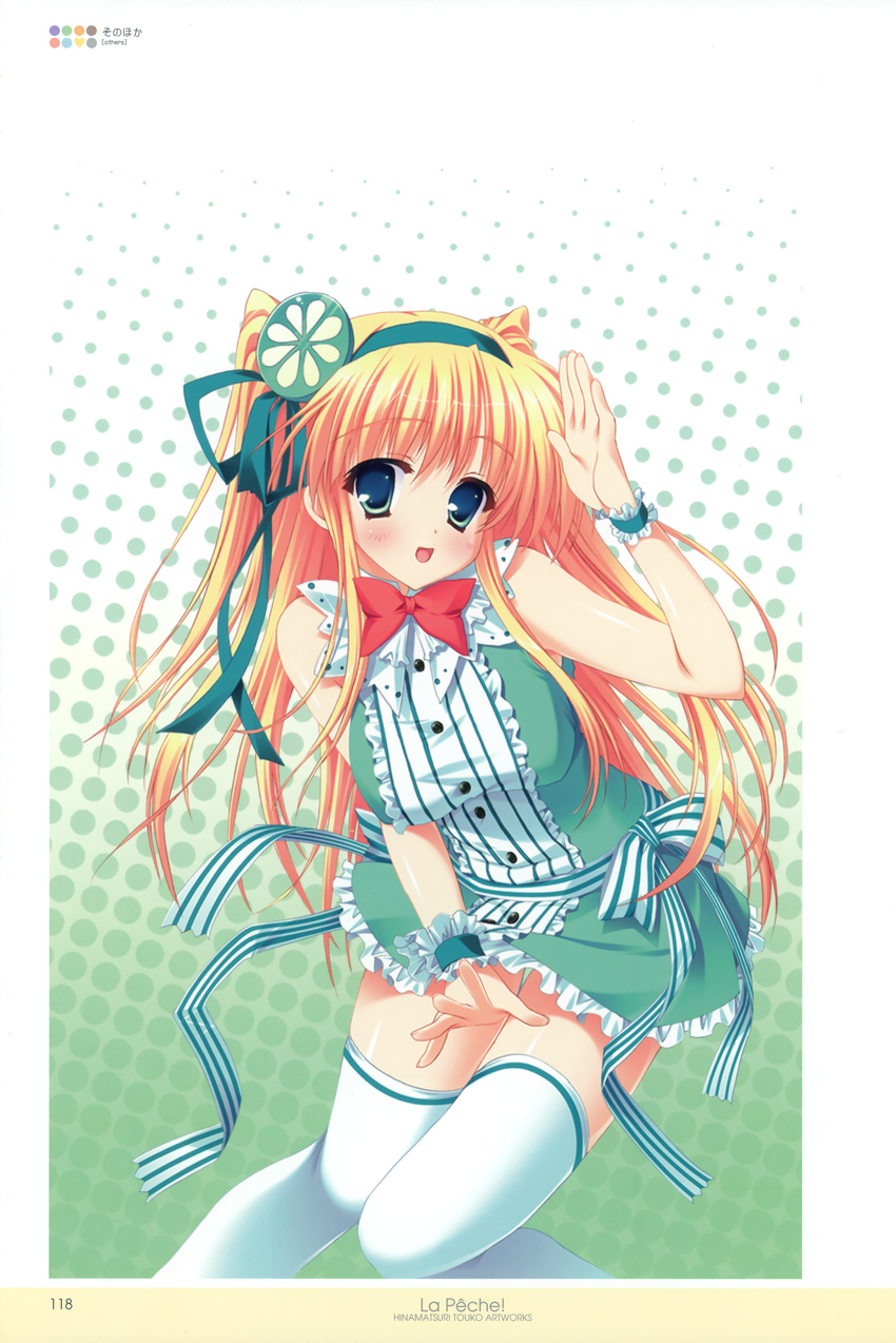 absurdres blonde_hair copyright_request dress food fruit green_eyes highres hinamatsuri_touko legs lime_(fruit) solo thighhighs white_legwear wrist_cuffs