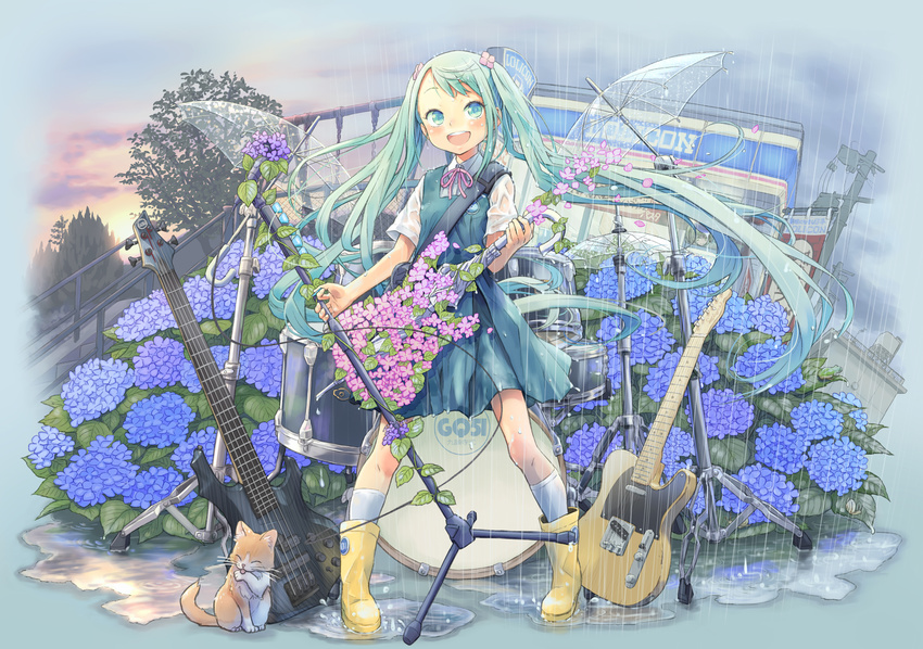 :d aqua_eyes aqua_hair boots cat dress drum drum_set flower guitar hatsune_miku highres hydrangea instrument kuinji_51go long_hair microphone microphone_stand open_mouth puddle rain rubber_boots smile solo transparent transparent_umbrella twintails umbrella very_long_hair vocaloid yellow_footwear