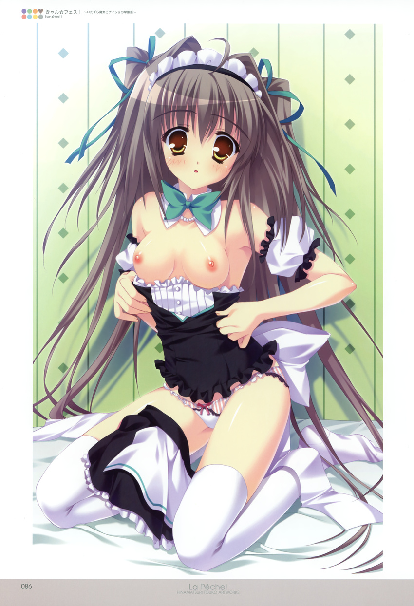 absurdres aigusa_mari bed breasts brown_hair can_fes detached_collar detached_sleeves hair_intakes hair_ribbon highres hinamatsuri_touko jewelry kneeling legs long_hair maid maid_headdress medium_breasts necklace nipples no_bra panties pearl_necklace ribbon shirt_pull skirt skirt_removed thighhighs underwear very_long_hair white_legwear white_panties yellow_eyes