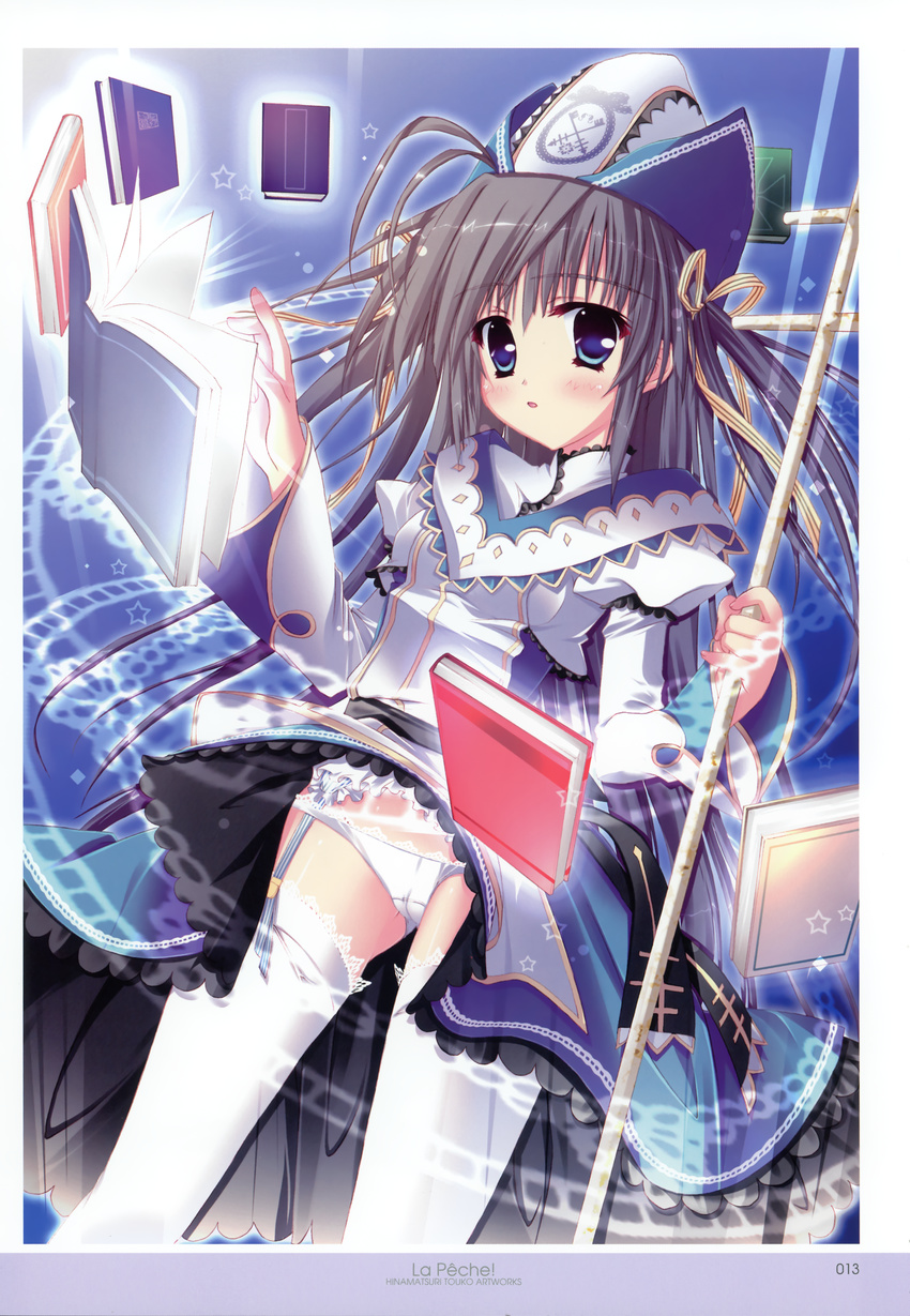 absurdres blue_eyes book copyright_request garter_straps grey_hair hat highres hinamatsuri_touko lace lace-trimmed_thighhighs magic magic_circle panties staff thighhighs underwear white_legwear white_panties