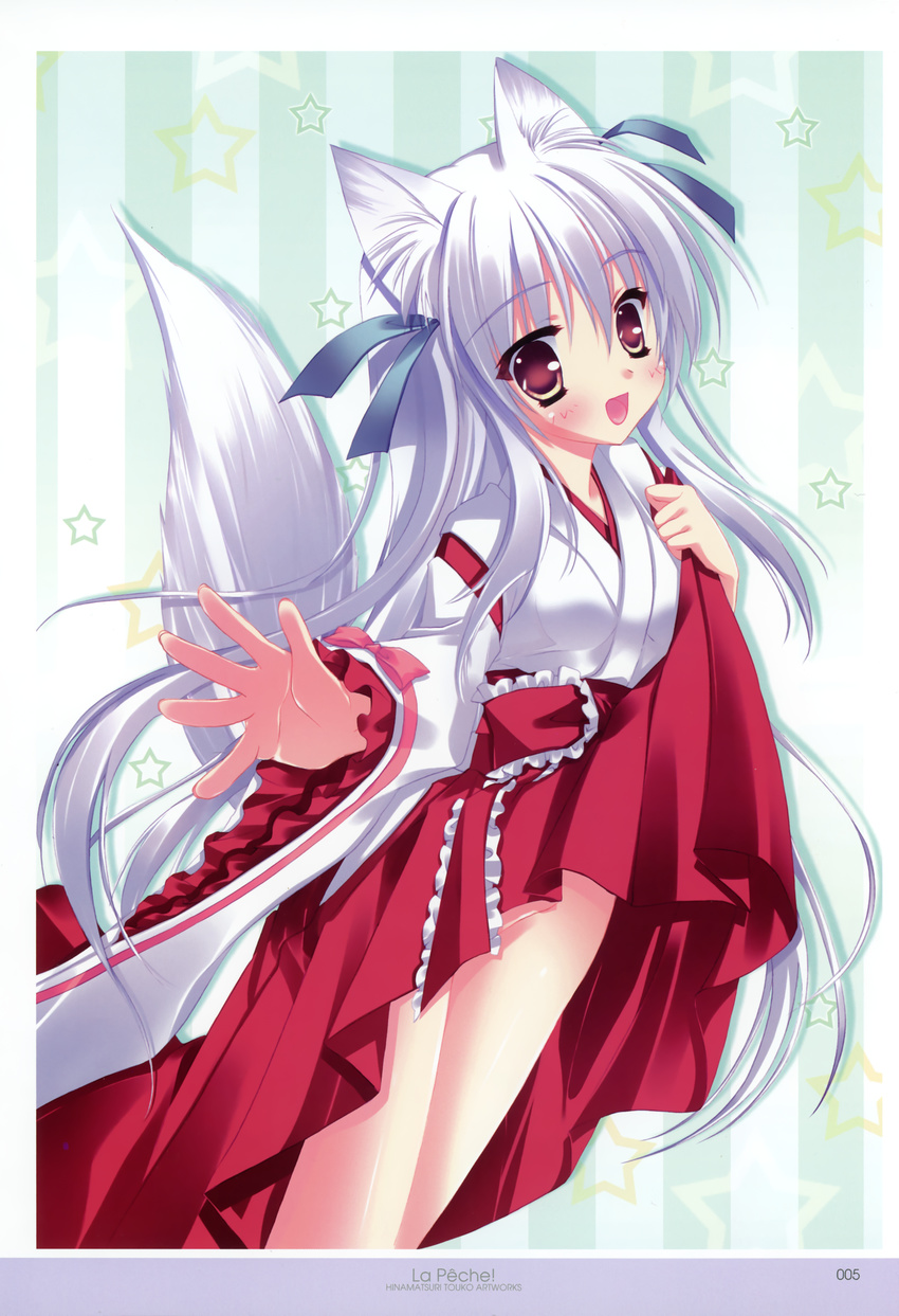 :d absurdres animal_ears copyright_request fox_ears fox_tail highres hinamatsuri_touko japanese_clothes kimono legs miko no_panties open_mouth red_eyes skirt skirt_lift smile star starry_background striped striped_background tail white_hair