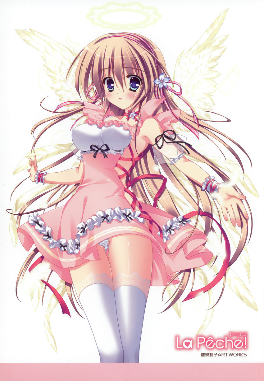 absurdres angel blue_eyes breasts brown_hair copyright_request detached_sleeves feathers halo headband highres hinamatsuri_touko lace lace-trimmed_thighhighs large_breasts panties pantyshot pink_skirt ribbon skirt solo thighhighs underwear white_legwear white_panties white_wings wings wrist_cuffs