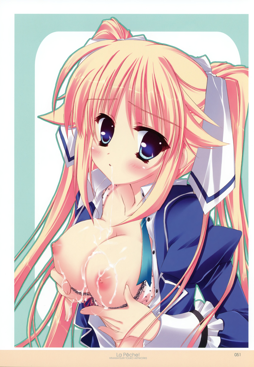 absurdres blonde_hair blue_eyes blush bra bra_pull breast_hold breasts cleavage cum cum_on_body cum_on_breasts cum_on_upper_body highres hinamatsuri_touko imouto_smile large_breasts nipples nonaka_shiki open_clothes open_shirt pink_bra polka_dot polka_dot_bra shirt suggestive_fluid twintails underwear