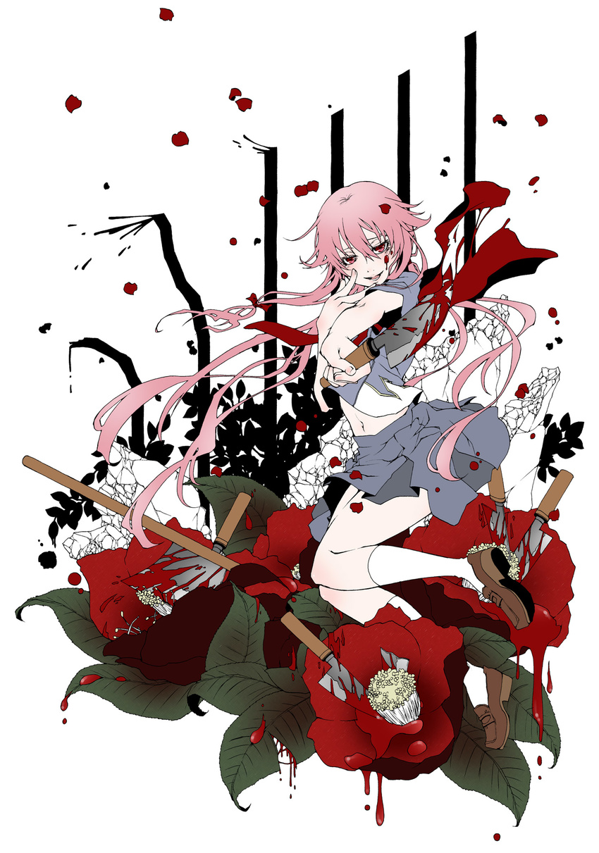 blood blood_splatter finger_to_face flower gasai_yuno h-noi highres holding kneehighs knife leaf lines loafers long_hair midriff mirai_nikki navel open_mouth petals pink_eyes pink_hair rose school_uniform shoes skirt smile solo twintails white_legwear