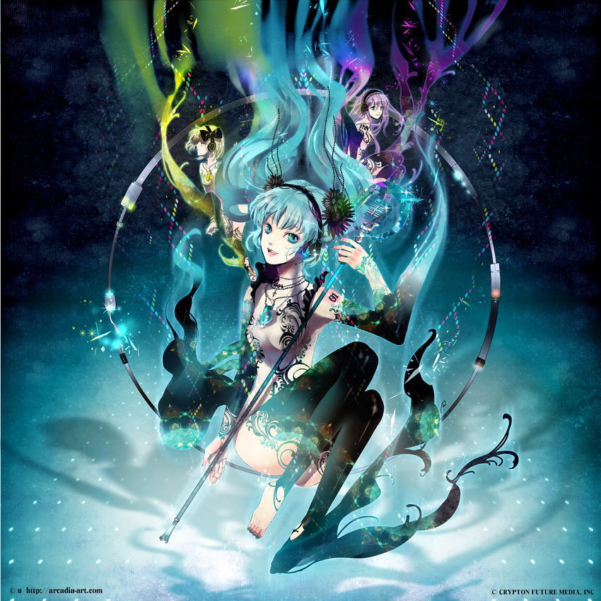 absurdres aqua_eyes aqua_hair barefoot detached_sleeves flower hair_flower hair_ornament hair_ribbon hairband hatsune_miku hatsune_miku_(append) headphones highres kagamine_rin lace long_hair megurine_luka microphone microphone_stand multiple_girls nail_polish revision ribbon smile toeless_legwear twintails vocaloid vocaloid_append yuu_(arcadia)