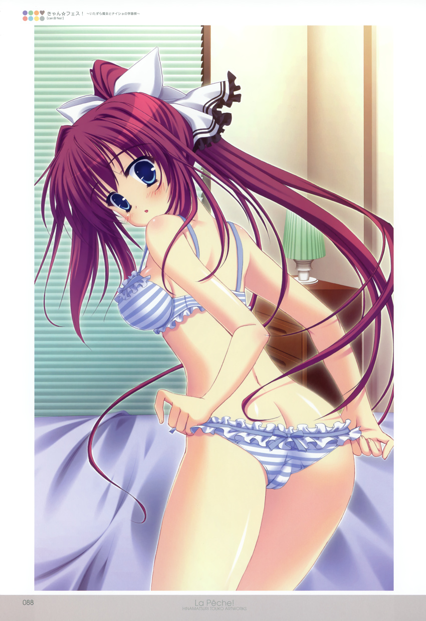 :o absurdres bed blue_bra blue_eyes blue_panties bra butt_crack can_fes drawer highres hinamatsuri_touko lampshade looking_at_viewer panties ponytail purple_hair striped striped_bra striped_panties toyohime_minori underwear underwear_only undressing