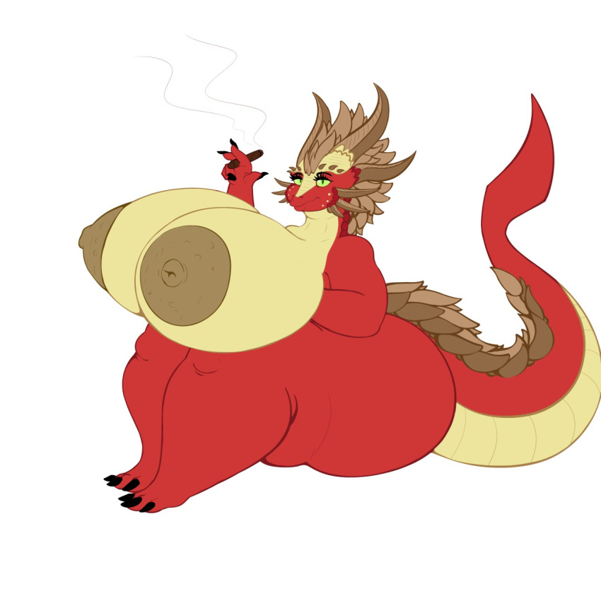 2019 anthro areola auriferos_(mirroidal) big_breasts big_butt breasts butt cigar digital_media_(artwork) dragon female green_eyes horn huge_breasts huge_butt hyper hyper_breasts mirroidal nipples overweight overweight_female red_scales scales scalie simple_background sitting slit_pupils smoke smoking solo thick_thighs voluptuous white_background wide_hips