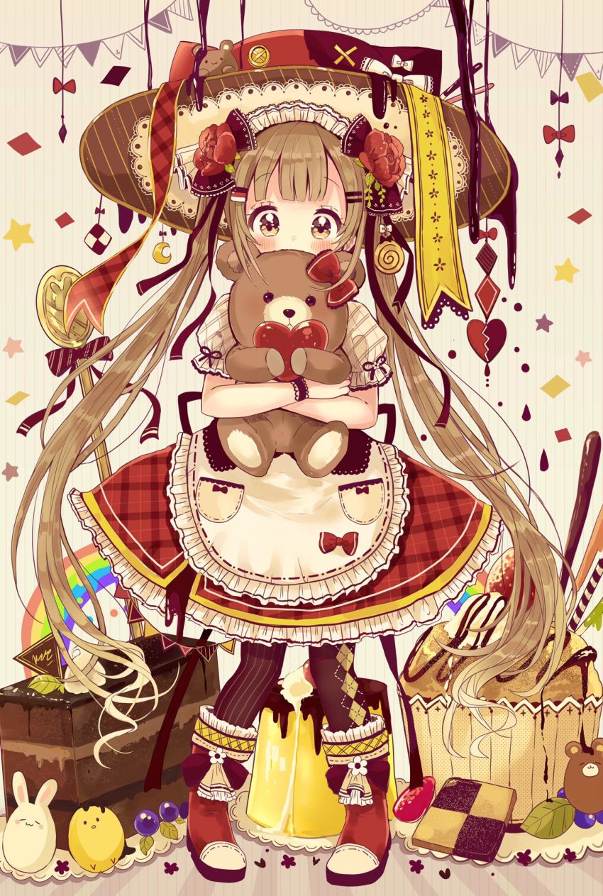 1girl animal_ears animal_hat apron argyle argyle_legwear black_legwear blush boots brown_eyes brown_hair cake cat_ears cat_hat checkerboard_cookie chocolate_cake commentary_request cookie covered_mouth crescent flower food fork frilled_apron frills full_body hair_flower hair_ornament hat heart highres long_hair looking_at_viewer mismatched_legwear object_hug original pennant pigeon-toed plaid plaid_skirt puffy_short_sleeves puffy_sleeves red_flower red_footwear red_hat red_rose red_skirt rose sakura_oriko shirt short_sleeves skirt slice_of_cake solo standing star string_of_flags striped striped_background striped_legwear stuffed_animal stuffed_toy teddy_bear twintails vertical-striped_background vertical-striped_legwear vertical_stripes very_long_hair wafer_stick waist_apron white_apron white_shirt