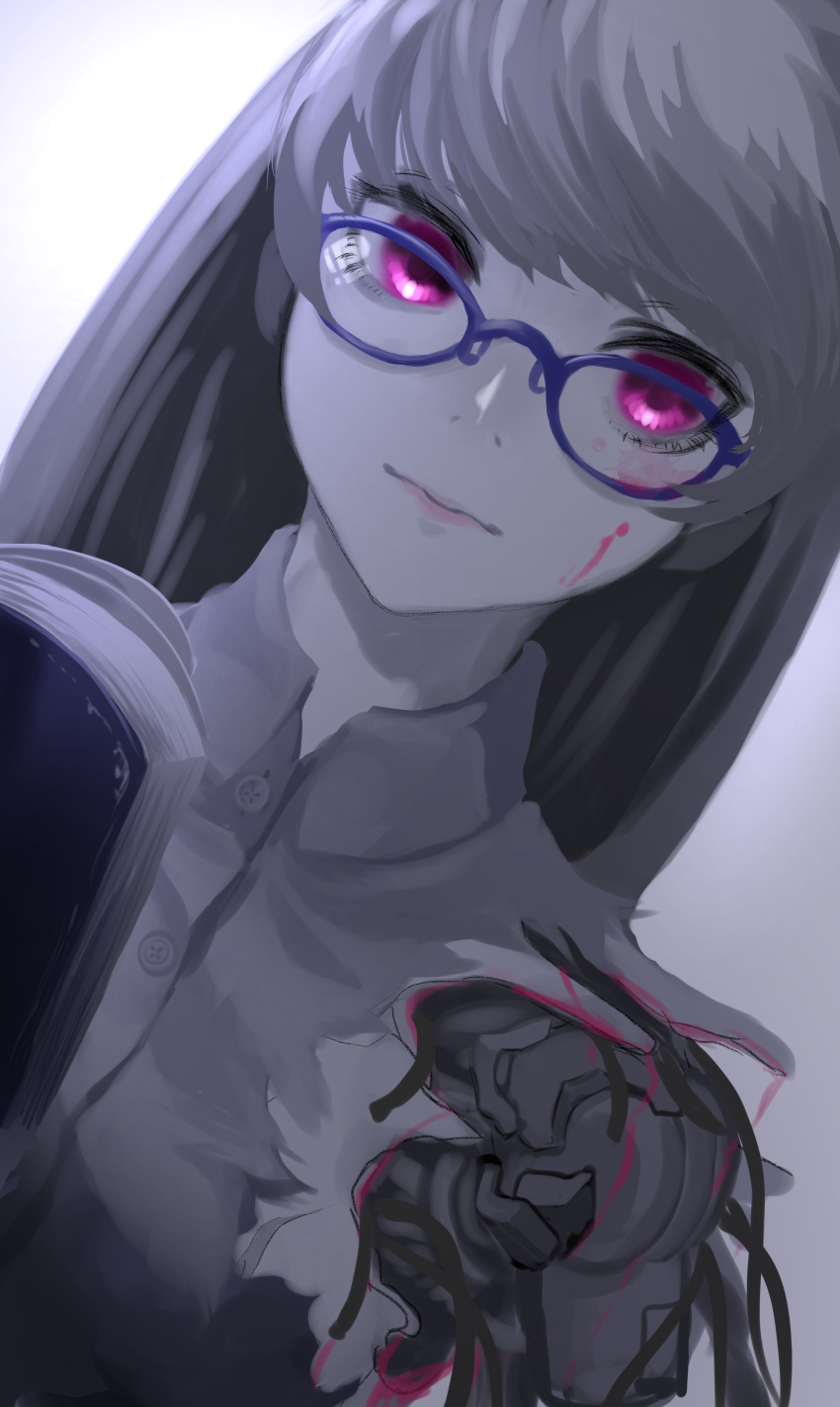 1girl absurdres amputee android asagon007 cyborg damaged glasses highres injury long_hair looking_at_viewer mechanical_arm mechanical_parts monochrome original parts_exposed purple_eyes robot_joints science_fiction solo torn_clothes wire