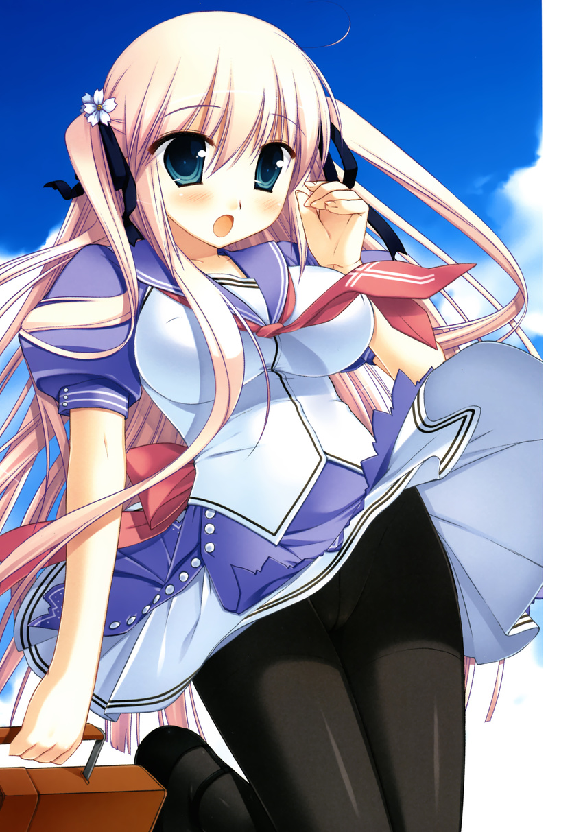 :o absurdres aqua_eyes bag blush breasts crotch_seam highres koibito_doushi_de_suru_koto_zenbu large_breasts miyasu_risa panties panties_under_pantyhose pantyhose pink_hair school_uniform sonoo_koo two_side_up underwear wind wind_lift