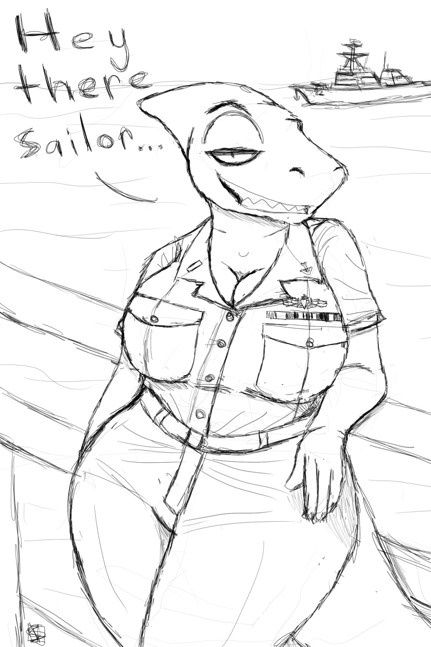 2018 big_breasts big_butt black_and_white breasts butt cleavage clothed clothing dialogue english_text female fish flirting helen_sack helen_sack_(savagelyrandom) marine monochrome navy savagelyrandom shark ship solo teeth text vehicle wide_hips