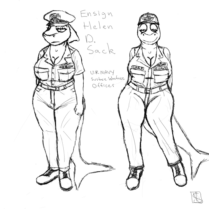 2018 big_breasts black_and_white breasts clothed clothing english_text female fish hat helen_sack_(savagelyrandom) huge_breasts jumpsuit marine monochrome navy savagelyrandom shark solo text uniform