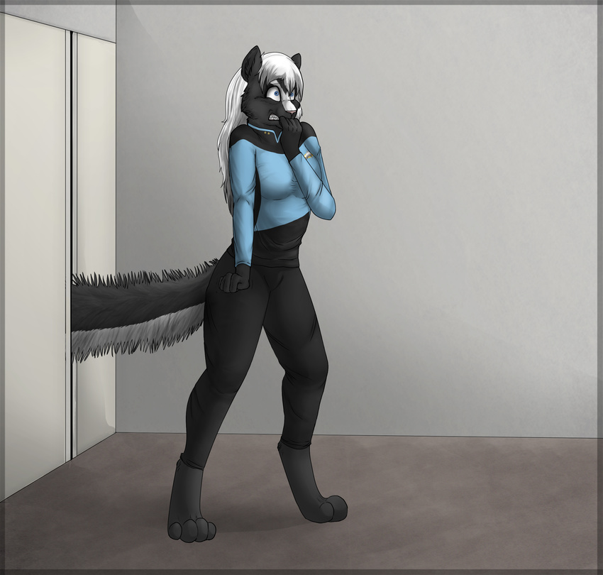 anthro doors female fur hair herm intersex mammal skunk solo star star_trek startrek tail trek tuka twillight white_hair