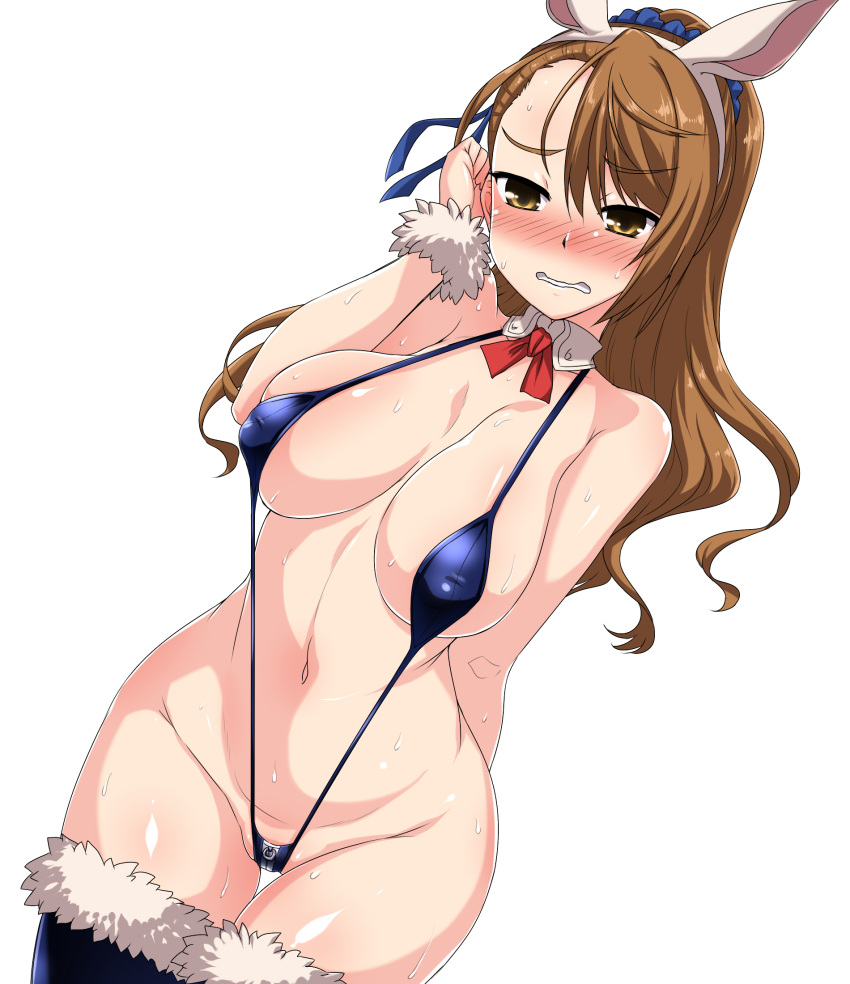1girl animal_ears arm_behind_back asymmetrical_bangs bangs beatrix_(granblue_fantasy) blue_legwear blue_swimsuit blush breasts brown_hair cleavage clenched_teeth covered_nipples cowboy_shot crotch_zipper detached_collar dutch_angle embarrassed eyebrows_visible_through_hair fake_animal_ears fur-trimmed_legwear fur_trim granblue_fantasy groin hairband hand_up highres large_breasts long_hair navel nose_blush orange_eyes parted_lips pig_ears pink_hairband simple_background skindentation slingshot_swimsuit solo stomach sweat swimsuit teeth thigh_gap thighhighs wavy_hair wet white_background wrist_cuffs yoshi_tama zipper zipper_pull_tab