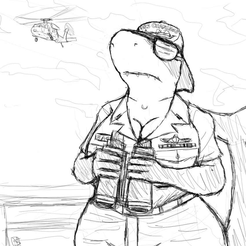 2018 aircraft big_breasts big_butt black_and_white breasts butt clothed clothing eyewear female fish helen_sack_(savagelyrandom) helicopter huge_breasts marine monochrome navy savagelyrandom shark solo sunglasses wide_hips