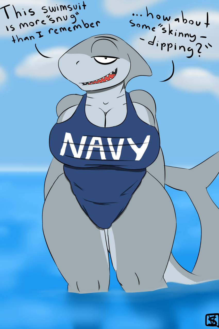 2018 big_breasts breasts cleavage clothed clothing colored dialogue english_text female fish helen_sack_(savagelyrandom) huge_breasts marine savagelyrandom shark solo swimsuit teeth text water wide_hips