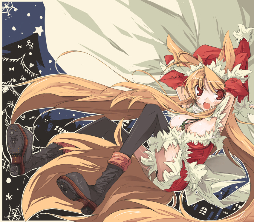 animal_ears arm_up bad_id bad_pixiv_id black_legwear boots breasts brown_hair christmas christmas_tree cleavage detached_sleeves endou_chihiro fox_ears fox_tail hat kuu_(endou_chihiro) long_hair open_mouth original red_eyes sack santa_costume santa_hat small_breasts solo tail thighhighs tree