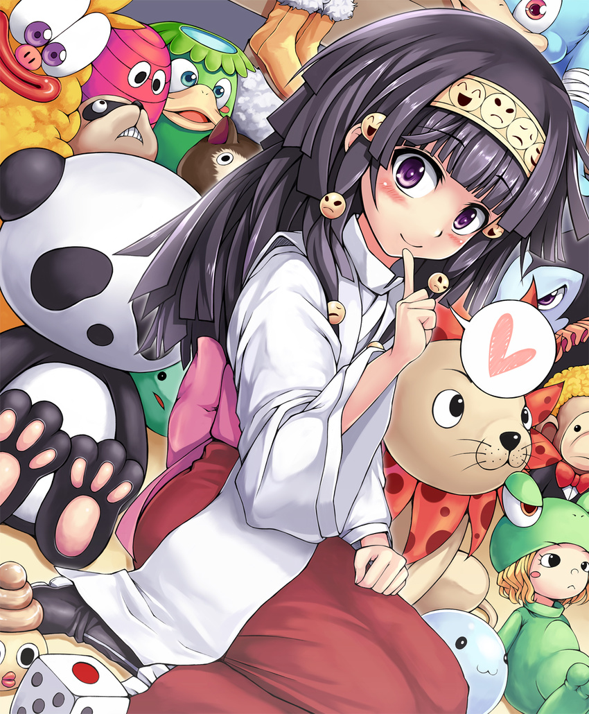 alluka_zoldyck bird black_hair blush dice duck frog hair_ornament heart highres hunter_x_hunter japanese_clothes kappa lion maazyu male_focus miko multi-tied_hair otoko_no_ko panda raccoon smile solo stuffed_animal stuffed_toy