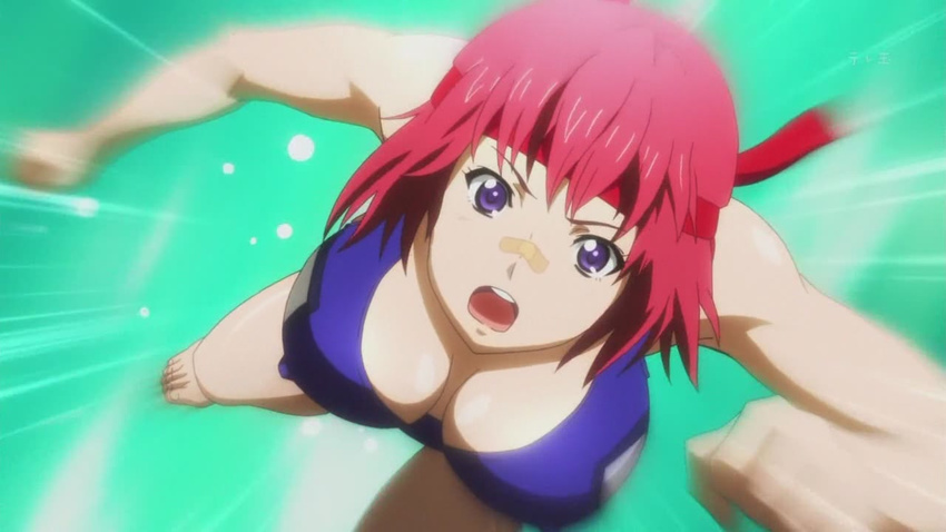 bandaid bandaid_on_nose breasts bubble covered_nipples downblouse emphasis_lines green_background headband large_breasts maken-ki! one-piece_swimsuit open_mouth perspective pink_hair pool screencap short_hair solo swimming swimsuit