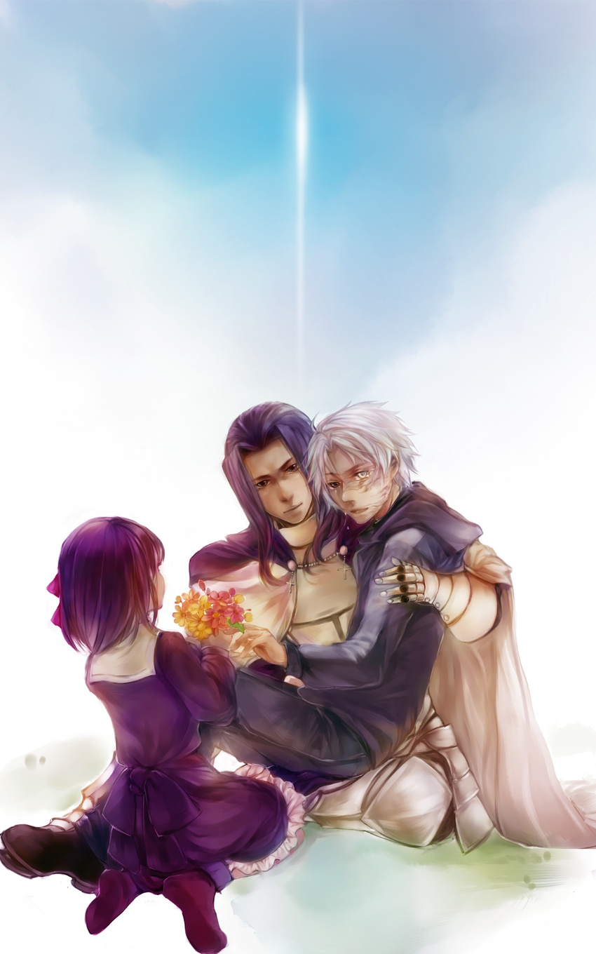 2boys armor bad_id bad_pixiv_id berserker_(fate/zero) carrying child dress fate/zero fate_(series) flower hair_ribbon heterochromia highres hood hoodie lancelot_(fate/zero) long_hair matou_kariya matou_sakura multiple_boys princess_carry purple_hair re-_(71832889) ribbon spoilers tears white_hair younger