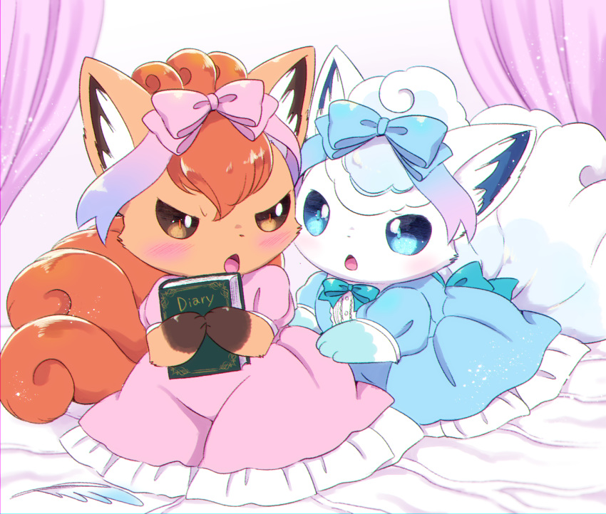 2girls alolan_vulpix bed book brown_eyes clothed_pokemon creatures_(company) furry game_freak gen_1_pokemon hair_ribbon kemoribbon kemoribon multiple_girls nintendo pokemon princess_clothes purple_eyes ribbon vulpix