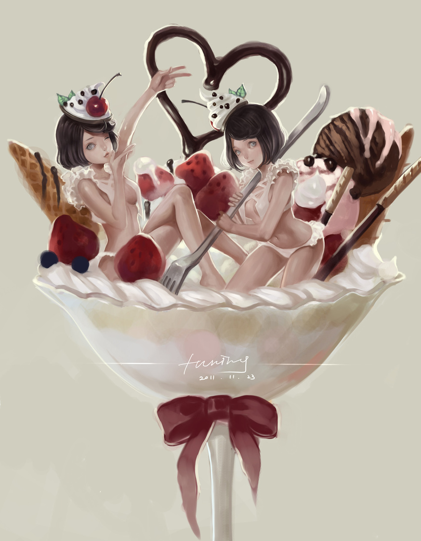 arm_up black_hair blueberry bobo1983 breasts cherry chocolate copyright_request cream crossed_legs cup dated food fork frilled_panties frills fruit grey_background grey_eyes hat heart highres holding holding_fork ice_cream looking_at_viewer miniskirt multiple_girls navel one_eye_closed panties pocky ribbon short_hair signature simple_background sitting skirt small_breasts smile strawberry sundae underwear waffle white_panties