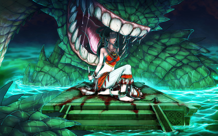 anklet antaria bare_shoulders barefoot black_hair blindfold blood breasts collarbone dagger dirty_feet dudou highres human_sacrifice impossible_clothes jewelry large_breasts long_hair monster necklace original signature sitting water weapon