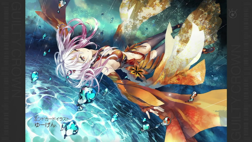 center_opening detached_sleeves fingerless_gloves gloves guilty_crown navel official_art pink_hair red_eyes solo thighhighs water yuugen yuzuriha_inori