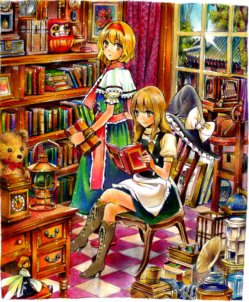 alice_margatroid apron bellows_camera blonde_hair blue_dress book bookshelf boots box braid building buttons camera can capelet chain chair checkered checkered_floor clock cross-laced_footwear crossed_legs cupboard curtains daruma_doll desk doll dress frills globe hair_ribbon hairband hat hat_removed hat_ribbon headwear_removed high_heels highres holding kerosene_lamp kirisame_marisa lace lantern looking_back multiple_girls nobita open_mouth paper_lantern phonograph pot projector puffy_sleeves reading ribbon room sash sewing_machine shanghai_doll shoes short_hair side_braid single_braid sitting smile standing stuffed_animal stuffed_toy teddy_bear thread touhou traditional_media tree vase waist_apron window witch_hat wristband yellow_eyes