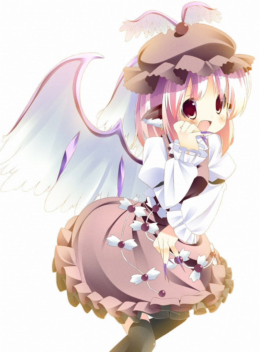 animal_ears dress earrings fang fingernails hat highres jewelry long_fingernails mystia_lorelei nail_polish open_mouth pink_hair purple_nails red_eyes short_hair solo thighhighs touhou wings zefa_(neoaltemice)