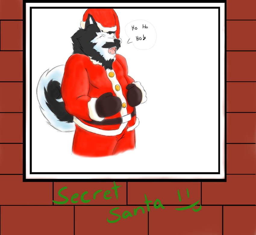 chrismas christmas costume dog ero holidays husky ishigray male mammal open_mouth overweight redsuit santa solo