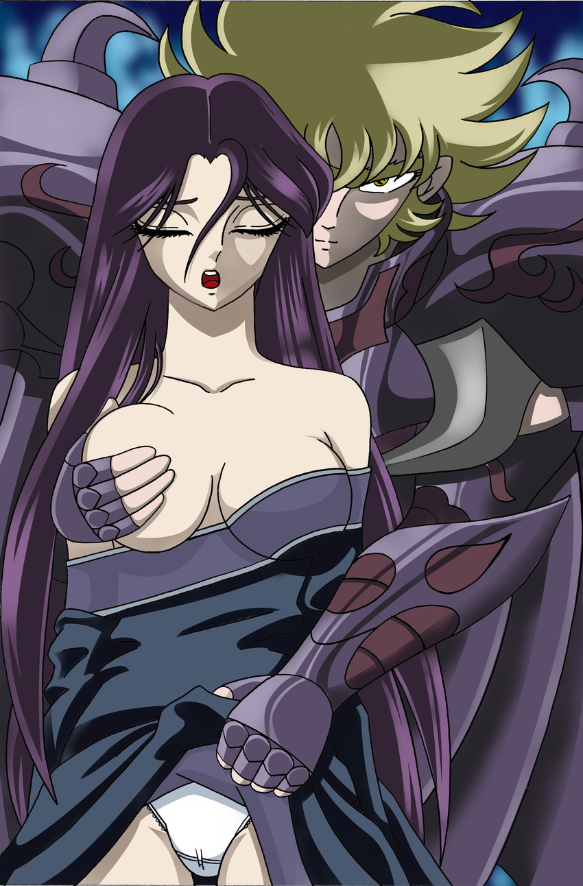 absurdres armor black_hair blonde_hair breast_grab breasts cleavage dress gothic grabbing highres pandora pandora_(saint_seiya) panties radamanthys saint_seiya underwear wings wyrven_rhadamanthys