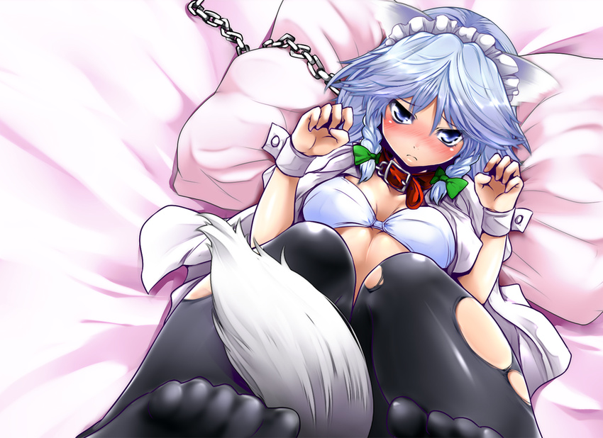 animal_ears bdsm bed between_legs black_legwear blue_eyes blush bow bra braid chain collar dog_ears dog_tail feet frown hair_bow izayoi_sakuya k2isu kemonomimi_mode leash lingerie looking_at_viewer lying maid_headdress on_back open_clothes open_shirt pantyhose pillow shirt short_hair silver_hair solo tail tail_between_legs torn_clothes torn_legwear touhou twin_braids underwear white_background wrist_cuffs