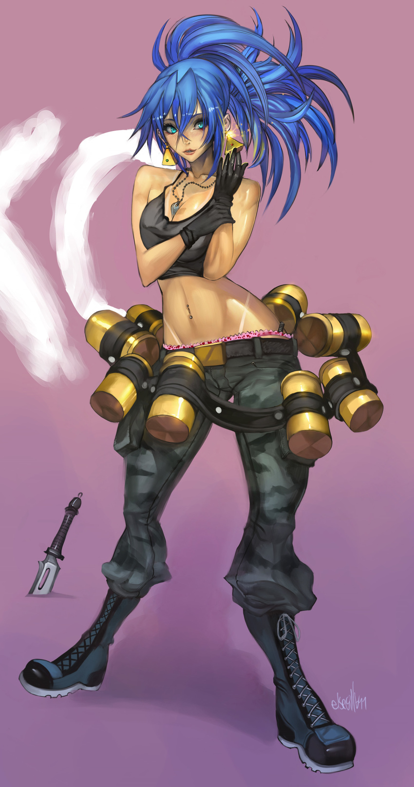 absurdres aqua_eyes bare_shoulders belt black_gloves blue_hair boots crop_top dog_tags earrings gloves hector_enrique_sevilla_lujan highres jewelry knife leona_heidern navel navel_piercing pants piercing ponytail solo tan tanline the_king_of_fighters