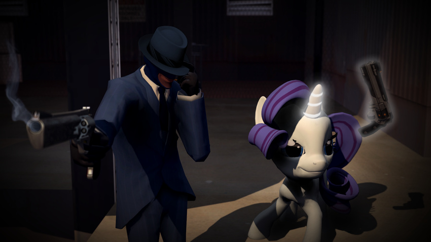 blue_eyes doctorwhooves equine female feral friendship_is_magic gun hat horn mammal my_little_pony neck-tie necktie pistol ranged_weapon rarity_(mlp) revolver spy_(team_fortress_2) team_fortress_2 unicorn weapon