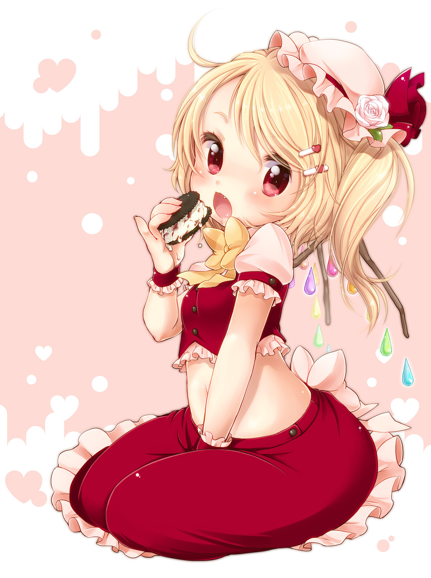 absurdres adapted_costume bad_id bad_pixiv_id between_legs blonde_hair blush bow bowtie child eating fang flandre_scarlet flower food frilled_skirt frills hair_ornament hairclip hand_between_legs hat hat_flower hat_ribbon heart highres ice_cream ice_cream_sandwich looking_at_viewer midriff mini_hat navel open_mouth pink_background pinky_out red_eyes ribbon seiza short_hair side_ponytail simple_background sitting skirt skirt_set solo touhou water_drop wings wrist_cuffs yukiu_kon
