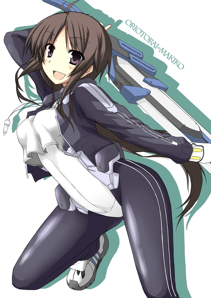 absurdres antenna_hair arm_behind_head arm_up bodysuit breasts brown_hair character_name double_vertical_stripe gloves highres jewelry kyoukaisenjou_no_horizon long_hair medium_breasts necklace open_mouth oriotorai_makiko pantyhose pilot_suit purple_eyes shoes sidelocks simple_background smile sneakers solo sword tozuka_natsuru weapon white_background