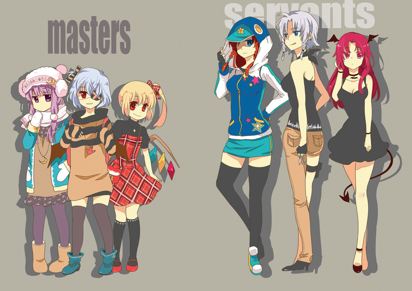 :q alternate_costume arrow asymmetrical_clothes bad_id bad_pixiv_id bare_shoulders baseball_cap bat_wings beanie black_dress black_legwear blonde_hair blue_eyes boots braid breasts casual child cleavage clothes_grab contemporary crescent cross crossed_legs demon_tail dress english eyepatch fingerless_gloves flandre_scarlet gloves grey_background hair_ribbon hand_in_hair hat head_wings high_heels hong_meiling hood hoodie izayoi_sakuya jacket jewelry kneehighs knife koakuma lavender_hair long_hair mary_janes medium_breasts miniskirt mittens multiple_girls necklace open_mouth pants pantyhose patchouli_knowledge plaid pop_(lovelikepop) purple_eyes purple_hair red_eyes red_hair remilia_scarlet ribbon scarf shoes short_hair side_ponytail silver_hair simple_background skirt smile standing star striped tail thighhighs tied_hair tongue tongue_out touhou twin_braids wings wristband