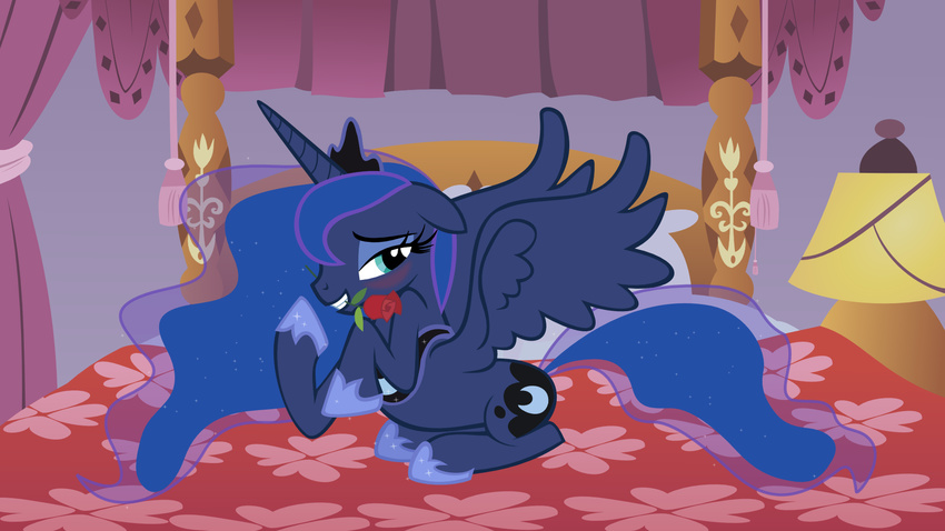 adcoon alicorn bed blush cutie_mark equine female feral flower friendship_is_magic horn mammal my_little_pony princess_luna_(mlp) rose solo winged_unicorn wings