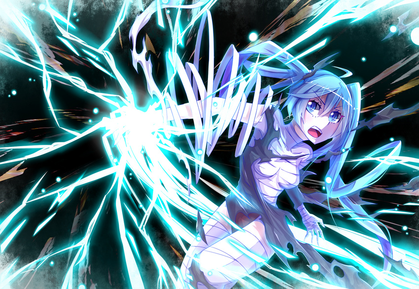 aqua_eyes aqua_hair bad_id bad_pixiv_id bandages hatsune_miku highres lightning long_hair open_mouth solo torn_clothes twintails very_long_hair vocaloid zeroshiki_kouichi