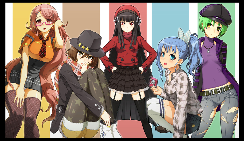 :d arms_behind_head bangs belt black_hair black_legwear blue_eyes blue_hair blunt_bangs blush brown_eyes brown_hair cabbie_hat camera character_request earrings fedora frilled_skirt frills garter_straps glasses green_hair hair_ornament hair_tucking hairclip halter_top halterneck hand_on_own_knee hand_to_own_mouth hands_on_hips hat highres jacket jewelry knees_to_chest long_hair looking_at_viewer mole multiple_girls nail_polish necktie ookuma_(nitroplus) open_mouth original over-kneehighs panties pants pantyhose pantyshot pantyshot_(standing) pink_hair plaid plaid_scarf ponytail print_legwear red_eyes scarf short_hair shorts skirt smile squatting standing star star_earrings star_print strap_slip thighhighs torn_clothes torn_pants underwear upskirt very_long_hair white_legwear white_panties yellow_eyes