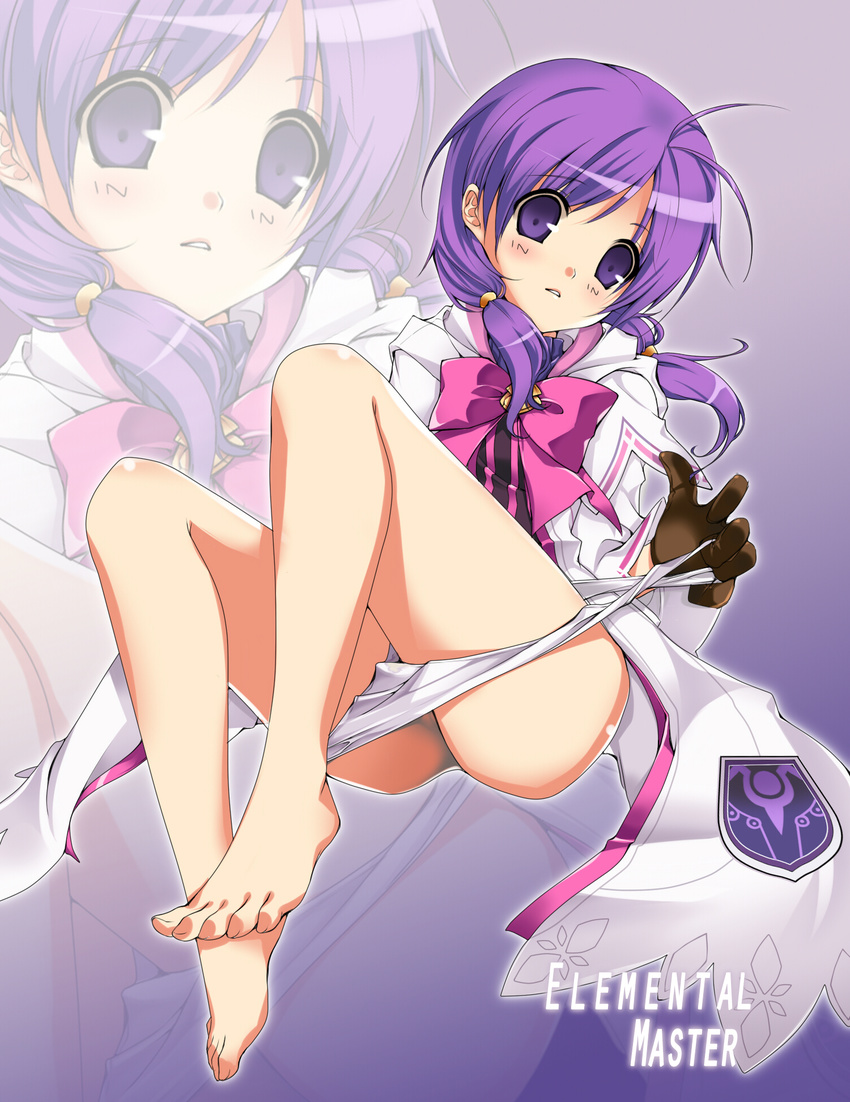 aisha_(elsword) ass bad_id bad_pixiv_id bare_legs barefoot bow coat elemental_master_(elsword) elsword feet full_body gloves highres kuro_(kuronell) legs low_twintails panties panty_pull pink_bow purple_eyes purple_hair ribbon short_hair solo toes twintails underwear white_panties zoom_layer