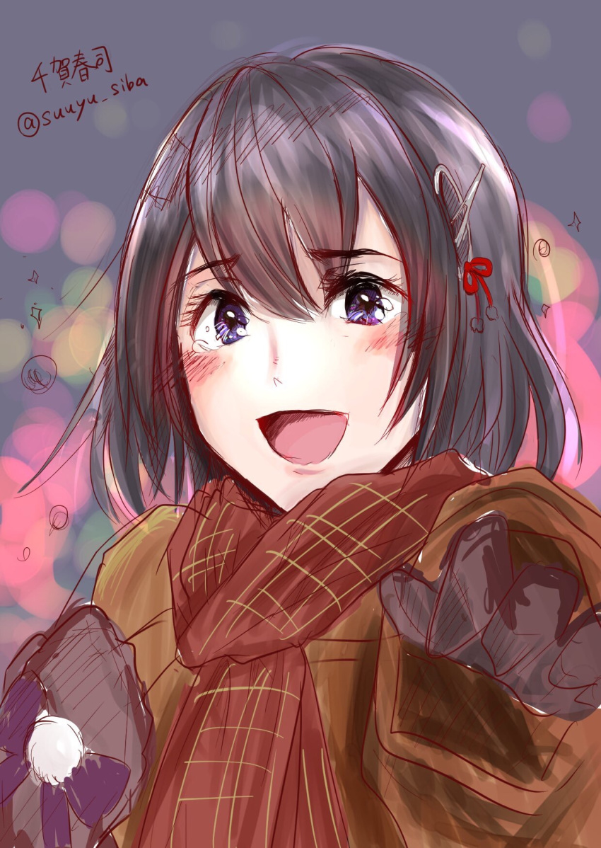 1girl :d alternate_costume artist_name black_gloves black_hair blurry bokeh commentary_request depth_of_field gloves haguro_(kantai_collection) hair_ornament hairclip happy_tears highres kantai_collection open_mouth purple_eyes red_scarf scarf short_hair smile solo suuyu_siba tears traditional_media twitter_username